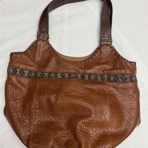 Fossil Brown Leather Shoulder Bag with Patterned Trim